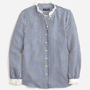 J. Crew Blue and White Vertical-Stripe Ruffle-Collar Button-Down Shirt